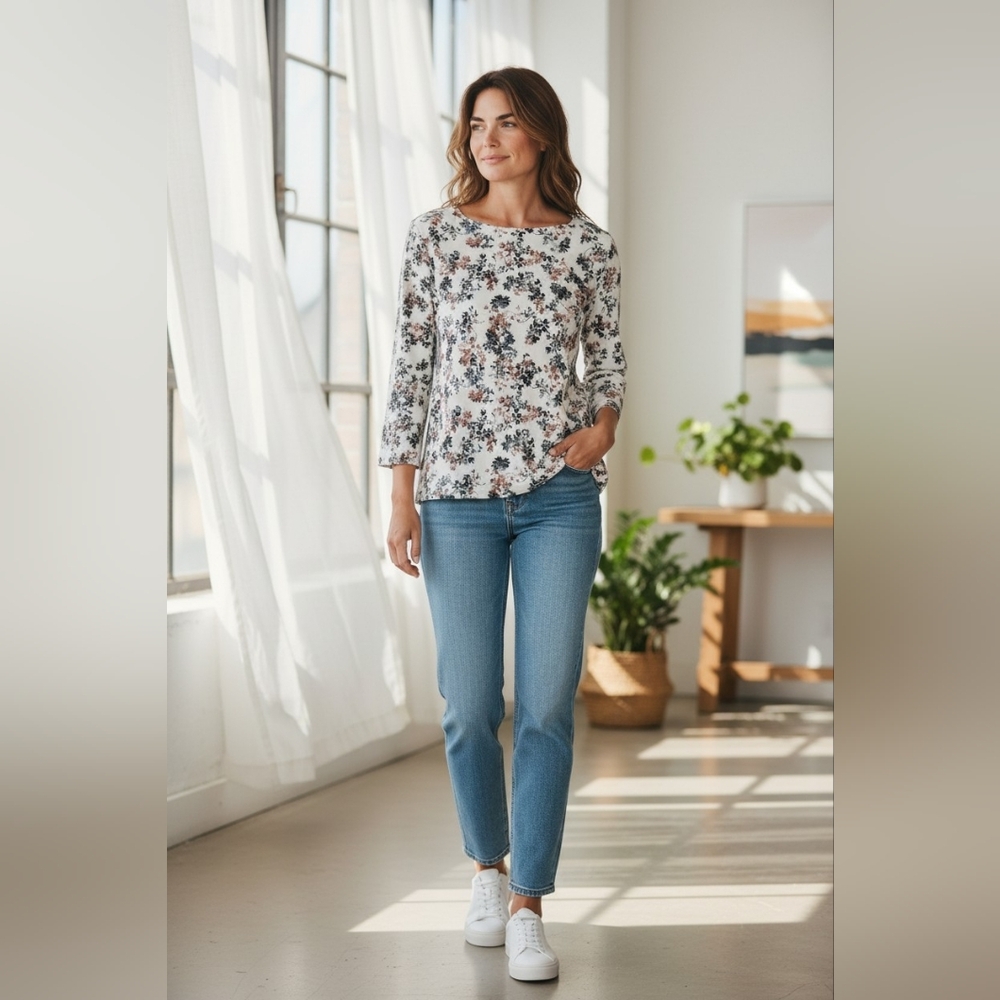 J. Jill Luxe Supima Forward-Seam Tee SZ SM White Floral Cottagecore Grandmacore